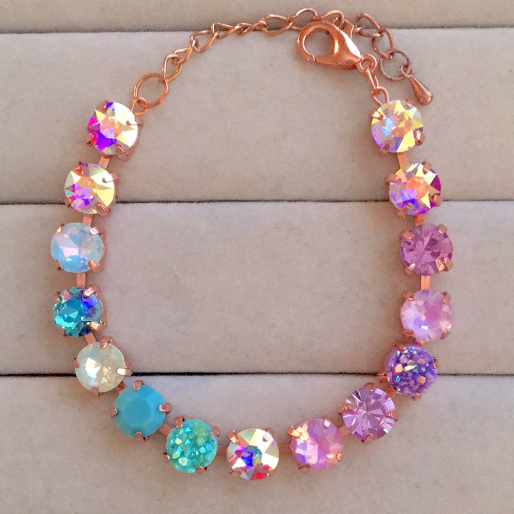 Iridescent Turquoise + Purple Opal Ombre Rose Gold Crystal Tennis Bracelet - Picture 3 of 10